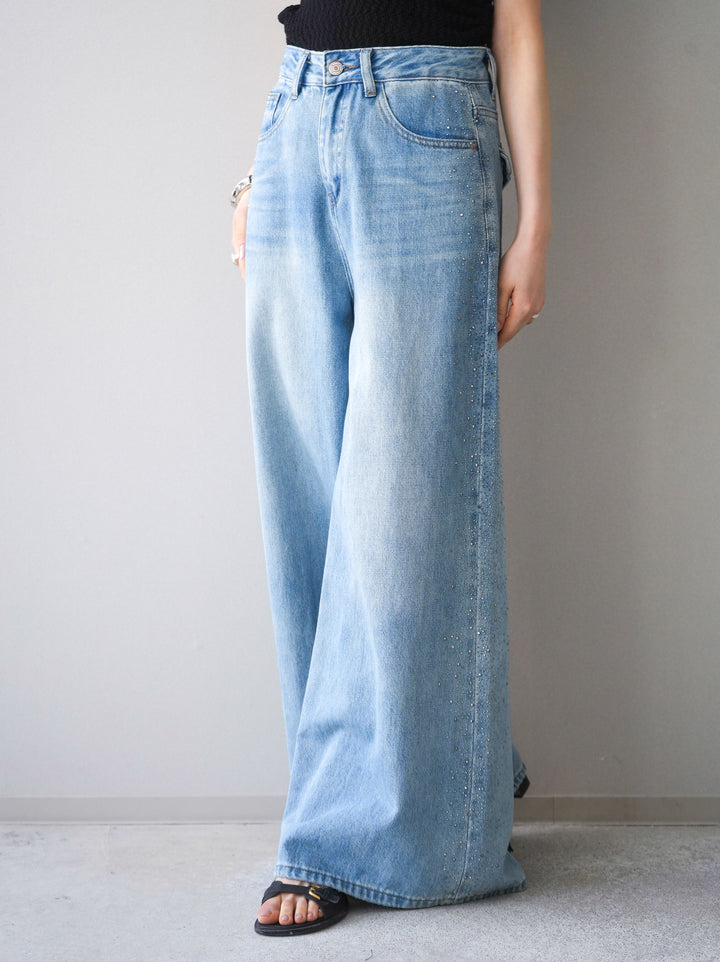 [予約]サイドビジューワイドデニムパンツ/lightblue