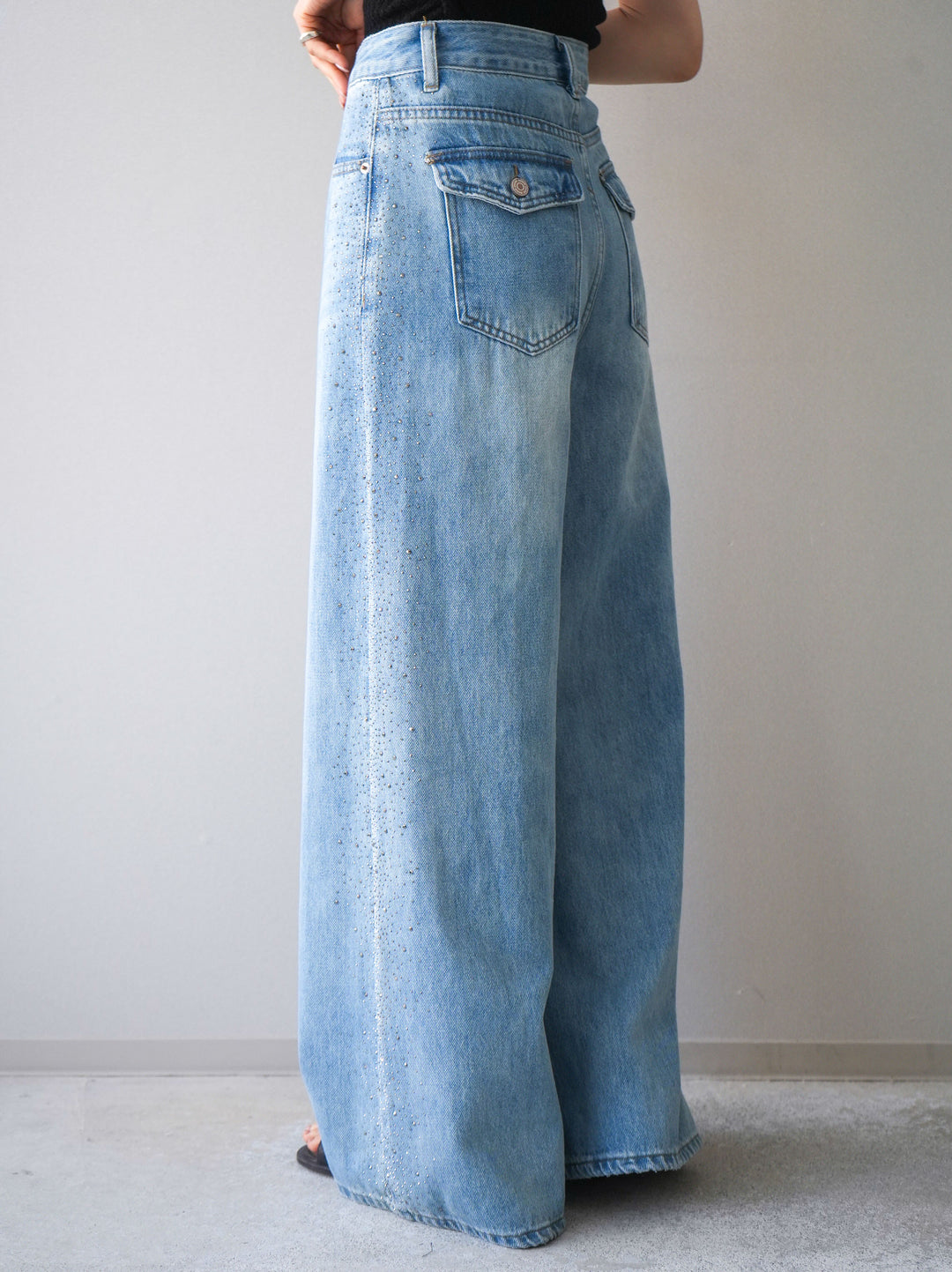 [予約]サイドビジューワイドデニムパンツ/lightblue