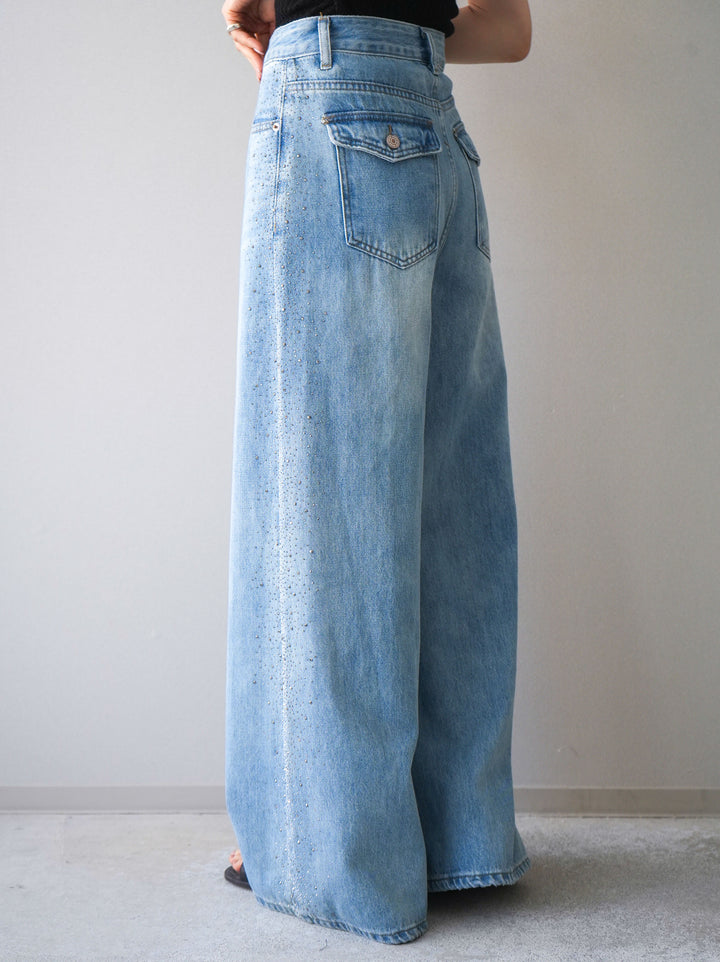 [予約]サイドビジューワイドデニムパンツ/lightblue