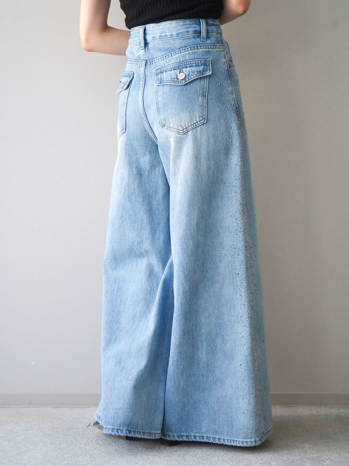 [予約]サイドビジューワイドデニムパンツ/lightblue