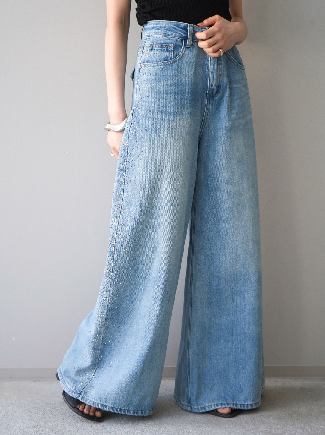 [予約]サイドビジューワイドデニムパンツ/lightblue