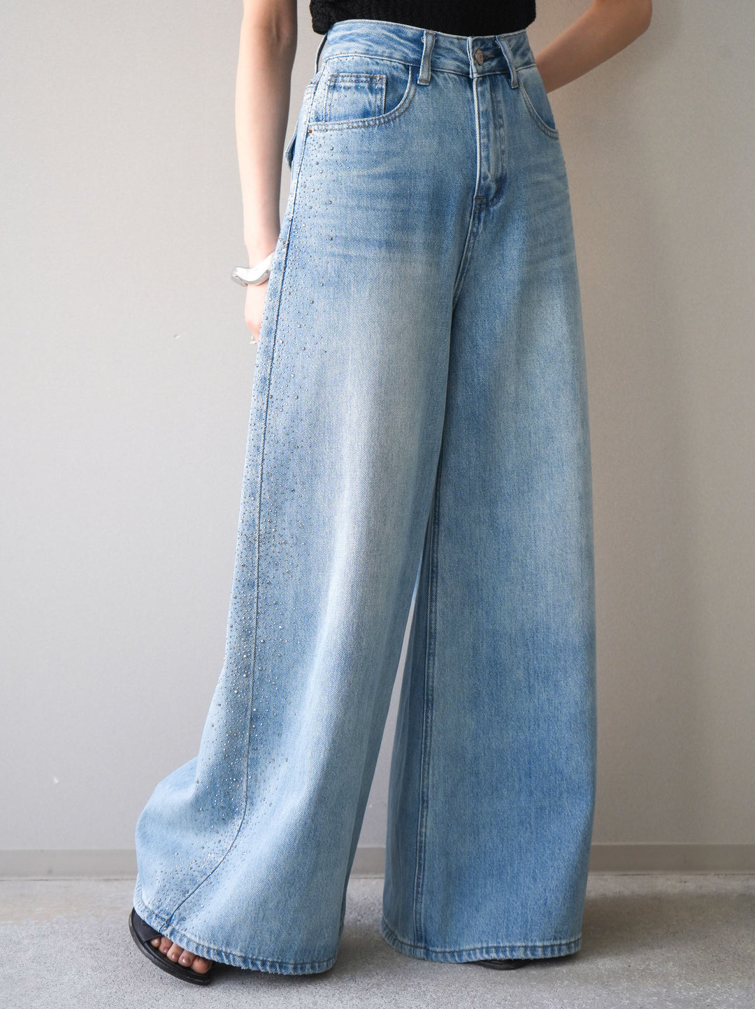 [予約]サイドビジューワイドデニムパンツ/lightblue