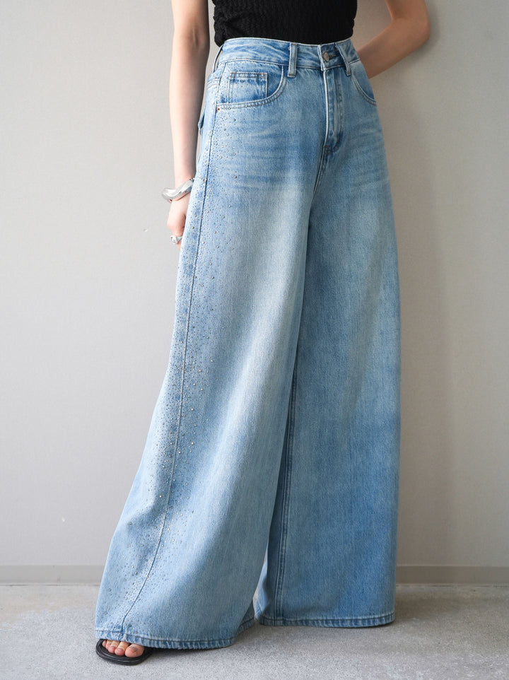 [予約]サイドビジューワイドデニムパンツ/lightblue