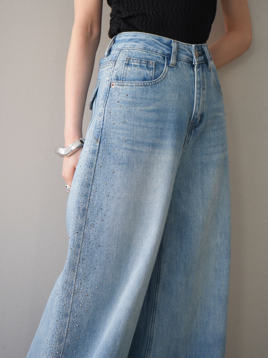 [予約]サイドビジューワイドデニムパンツ/lightblue