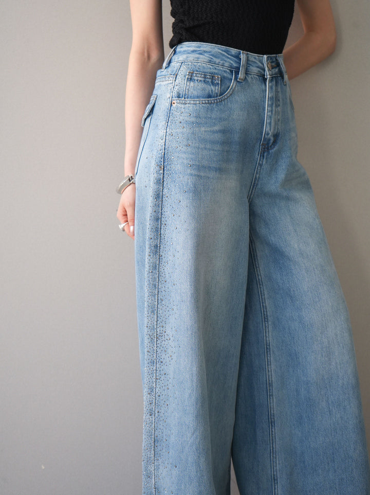 [予約]サイドビジューワイドデニムパンツ/lightblue