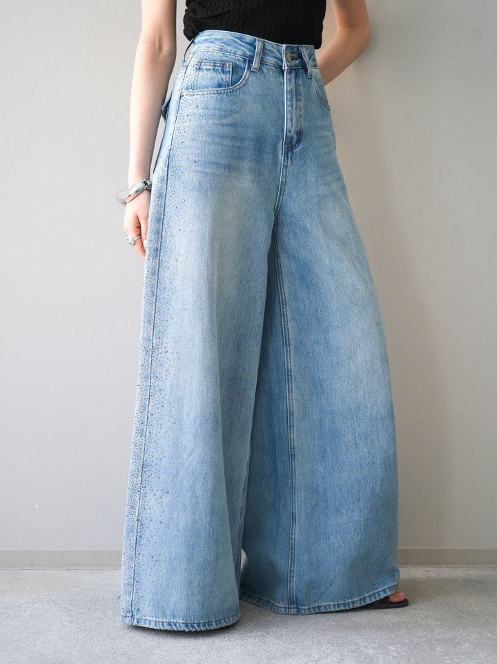[予約]サイドビジューワイドデニムパンツ/lightblue