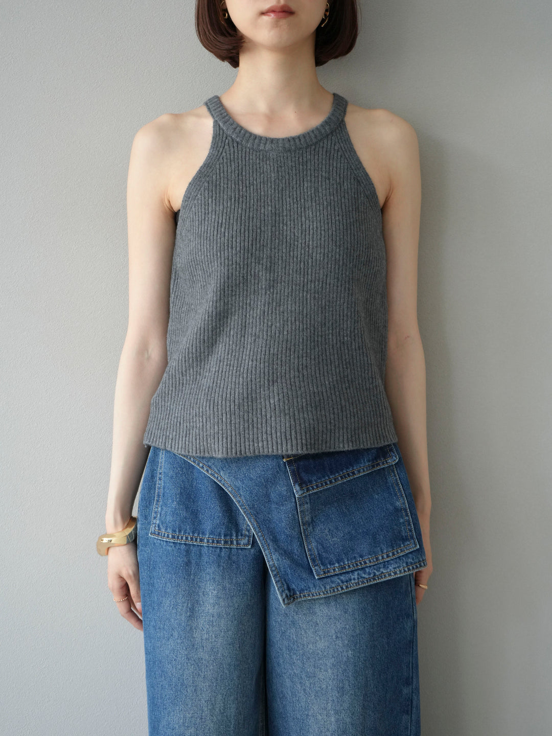 [予約]リブニットアメスリタンクトップ/グレー