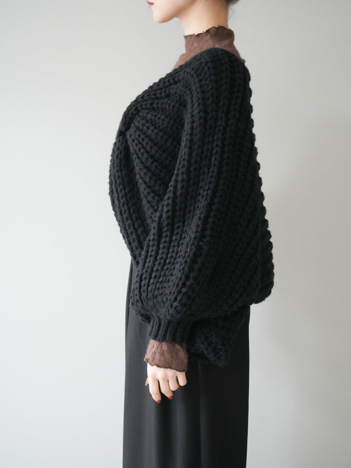 [予約]ローゲージ畦編みドルマンニットボレロ/black