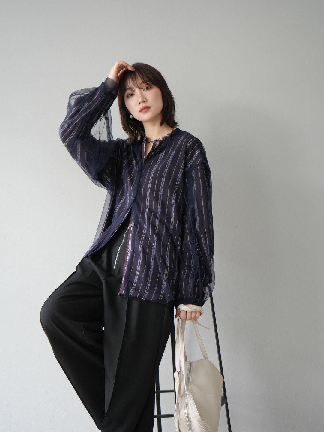 [予約]ペンタッチストライプ2WAYスリーブバンドカラーシャツ/ブラウン