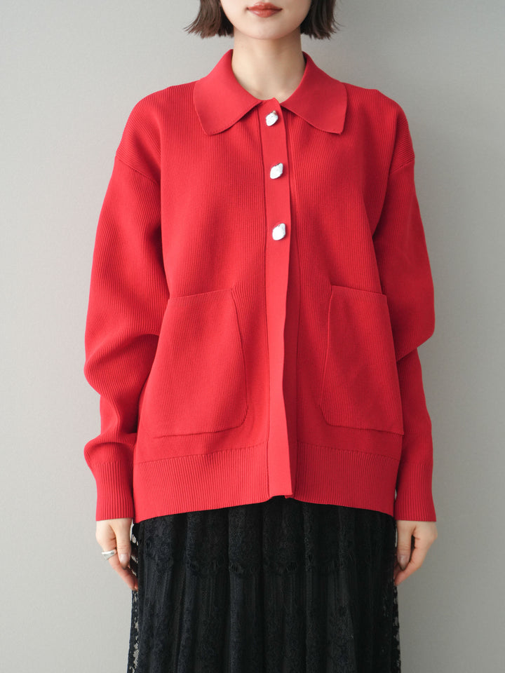 [予約]メタルボタン襟付きポリエステルニットカーディガン/red