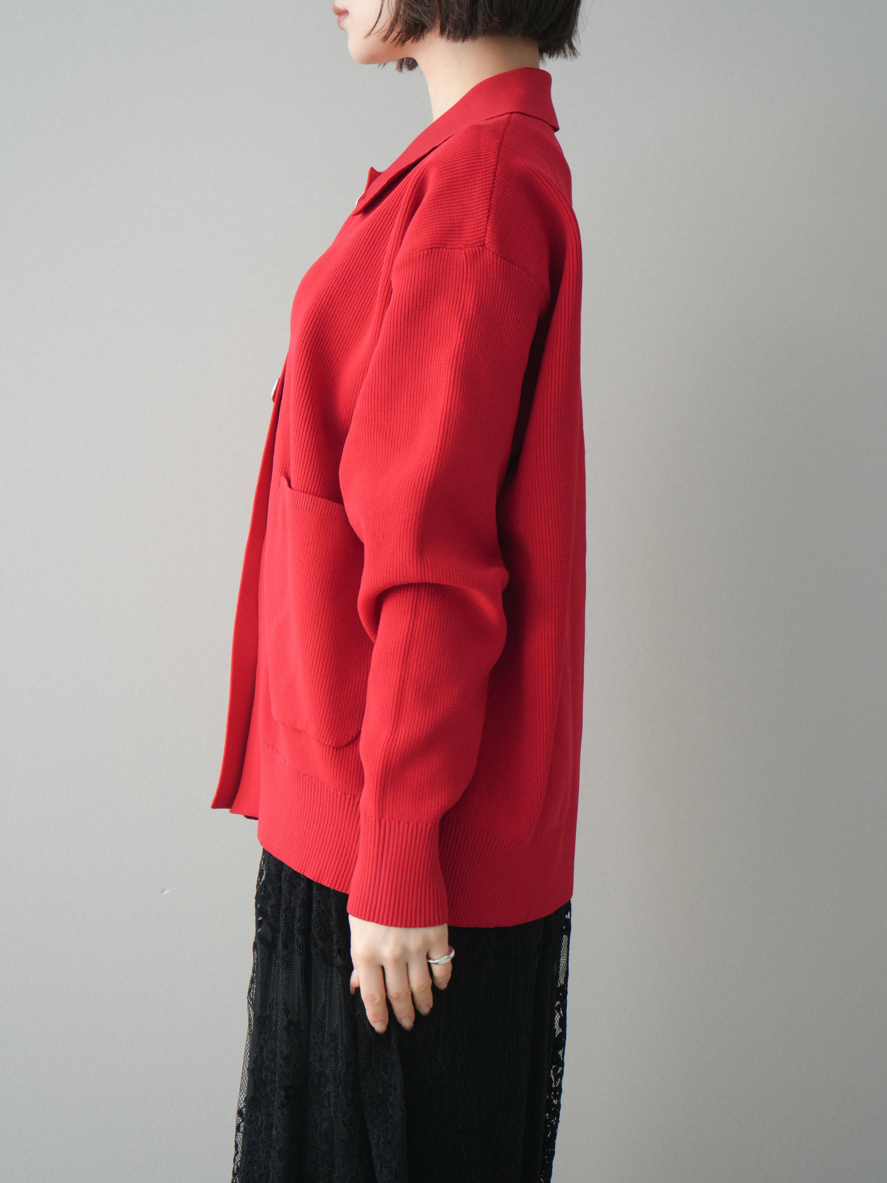 予約]メタルボタン襟付きポリエステルニットカーディガン/red – Lumier