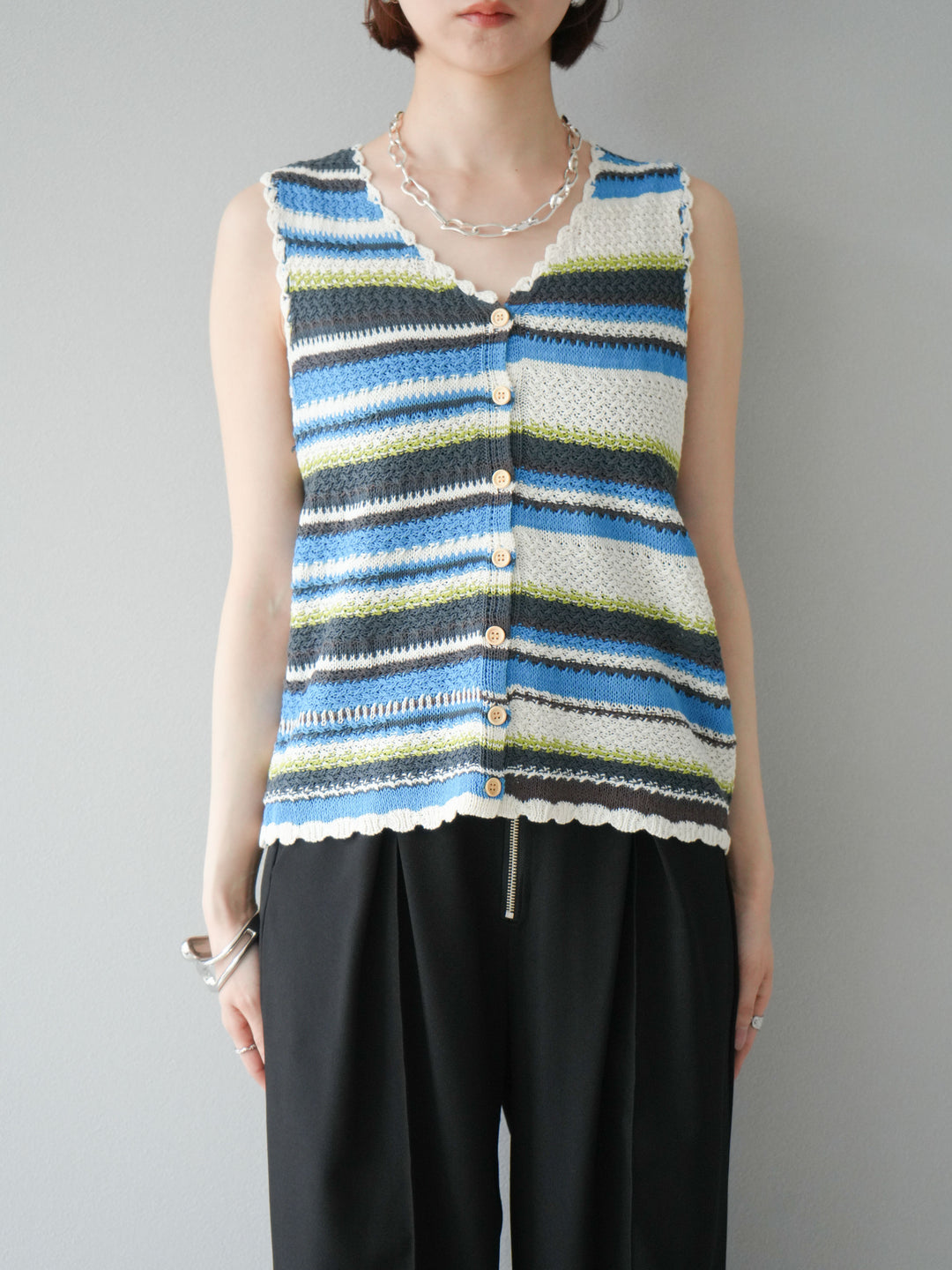 [予約]マルチボーダーニットベスト/ブルー