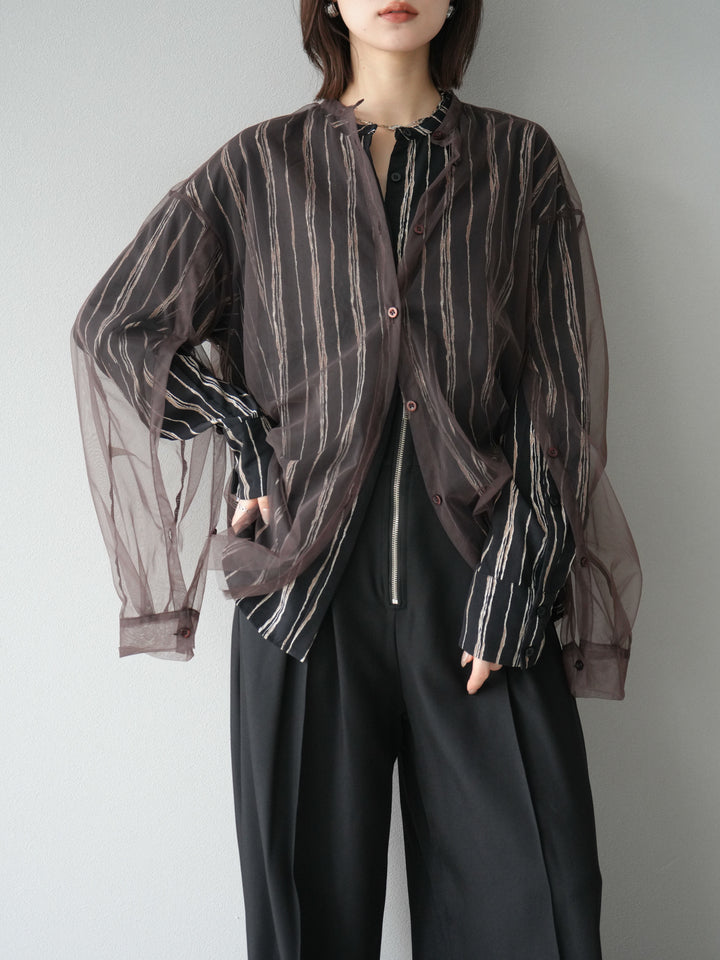 [予約]ペンタッチストライプ2WAYスリーブバンドカラーシャツ/ブラック