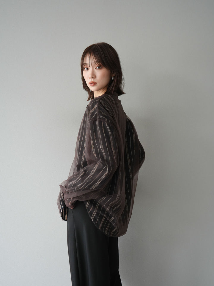 [予約]ペンタッチストライプ2WAYスリーブバンドカラーシャツ/ブラック