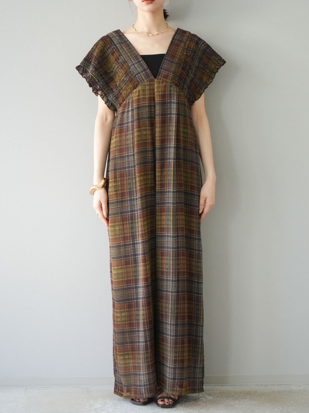 [予約]シアーチェックシャーリングサロペット/ブラウン