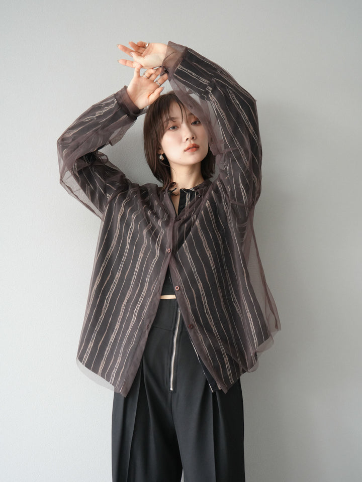 [予約]ペンタッチストライプ2WAYスリーブバンドカラーシャツ/ブラック