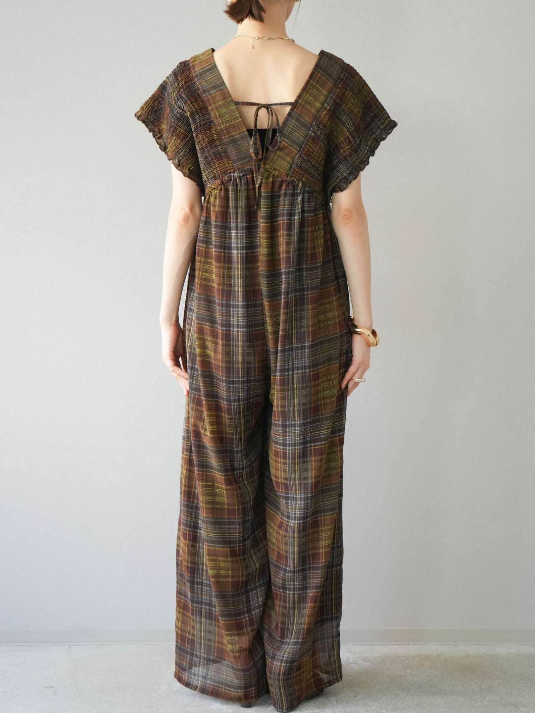 [予約]シアーチェックシャーリングサロペット/ブラウン