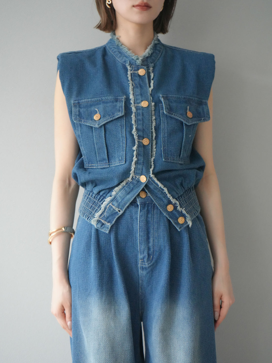 [SET] 流蘇牛仔背心＆褲子套裝/藍色（2件套）