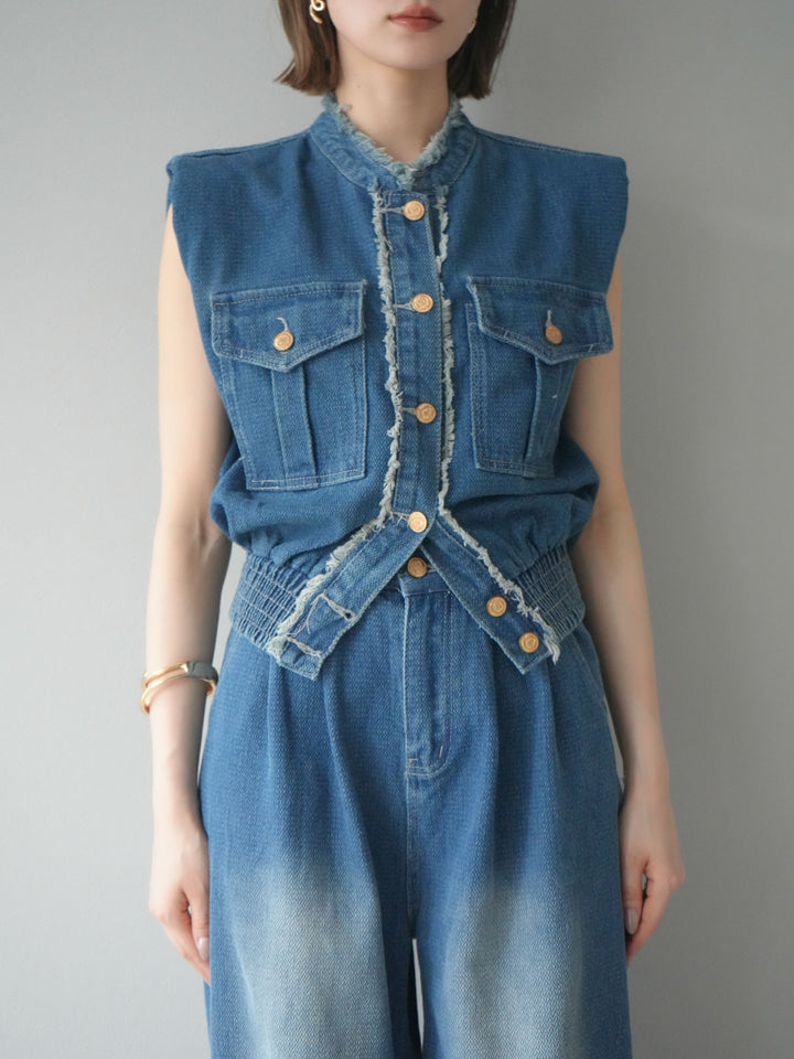 [SET] 流蘇牛仔背心＆褲子套裝/藍色（2件套）