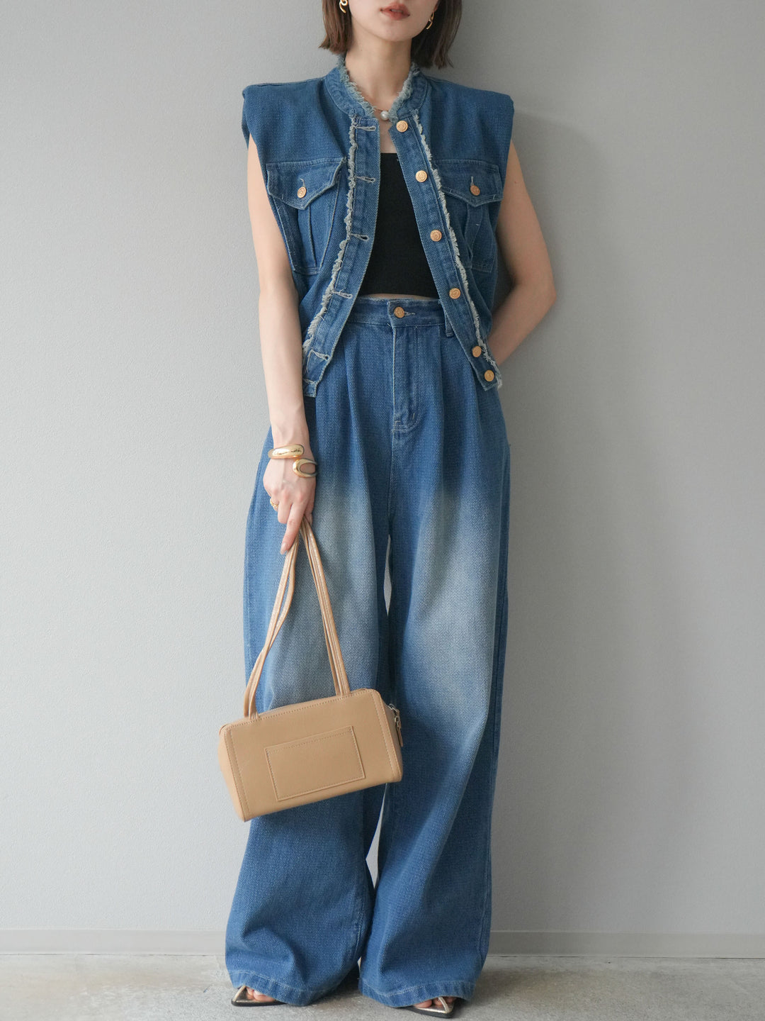 [SET] 流蘇牛仔背心＆褲子套裝/藍色（2件套）