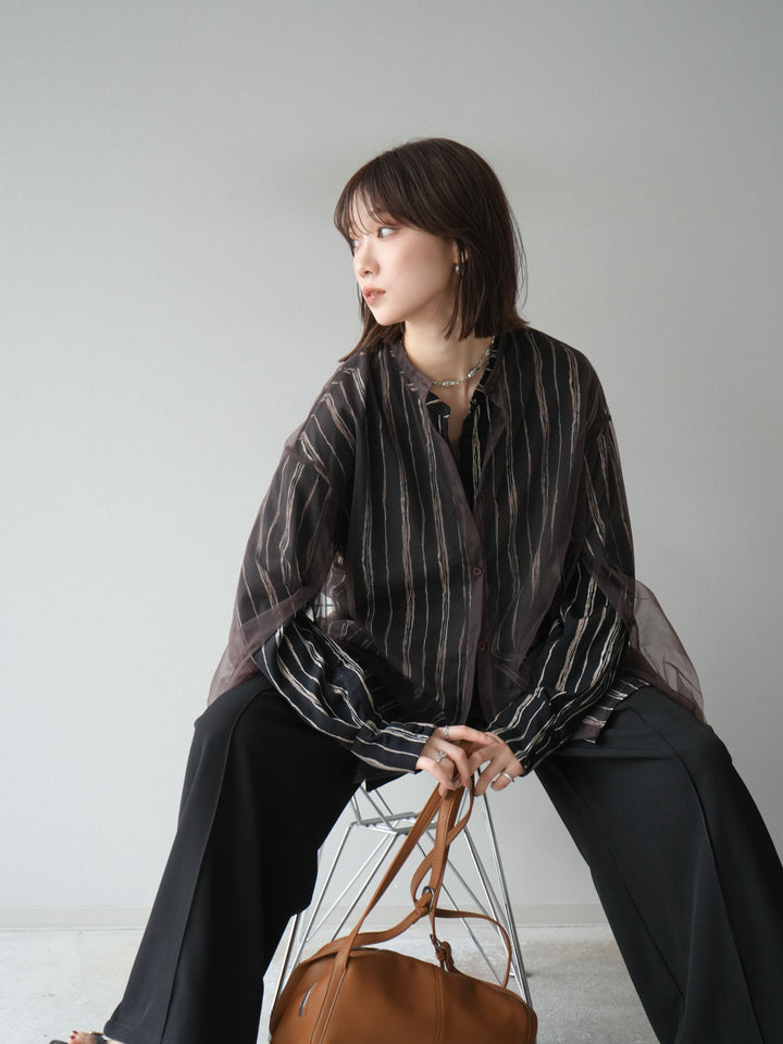 [予約]ペンタッチストライプ2WAYスリーブバンドカラーシャツ/ブラック