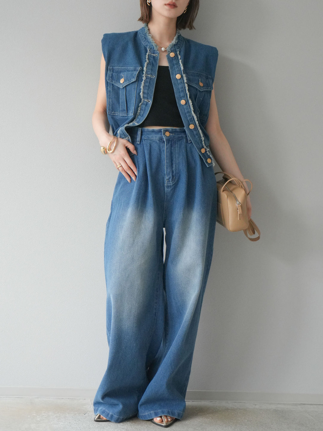 [SET] 流蘇牛仔背心＆褲子套裝/藍色（2件套）