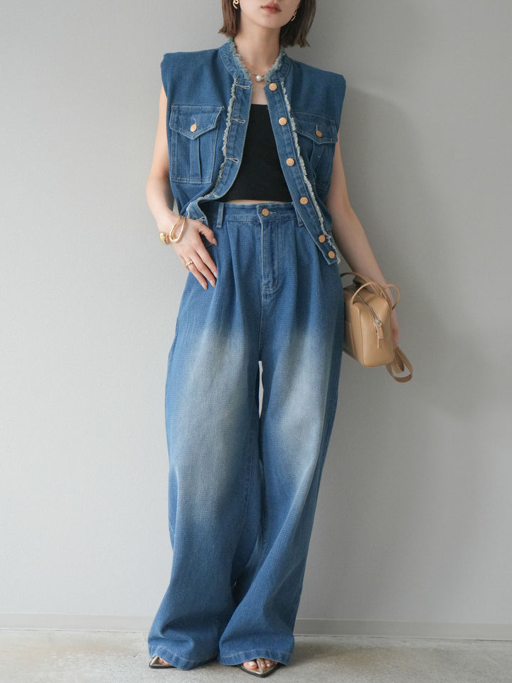 [SET] 流蘇牛仔背心＆褲子套裝/藍色（2件套）