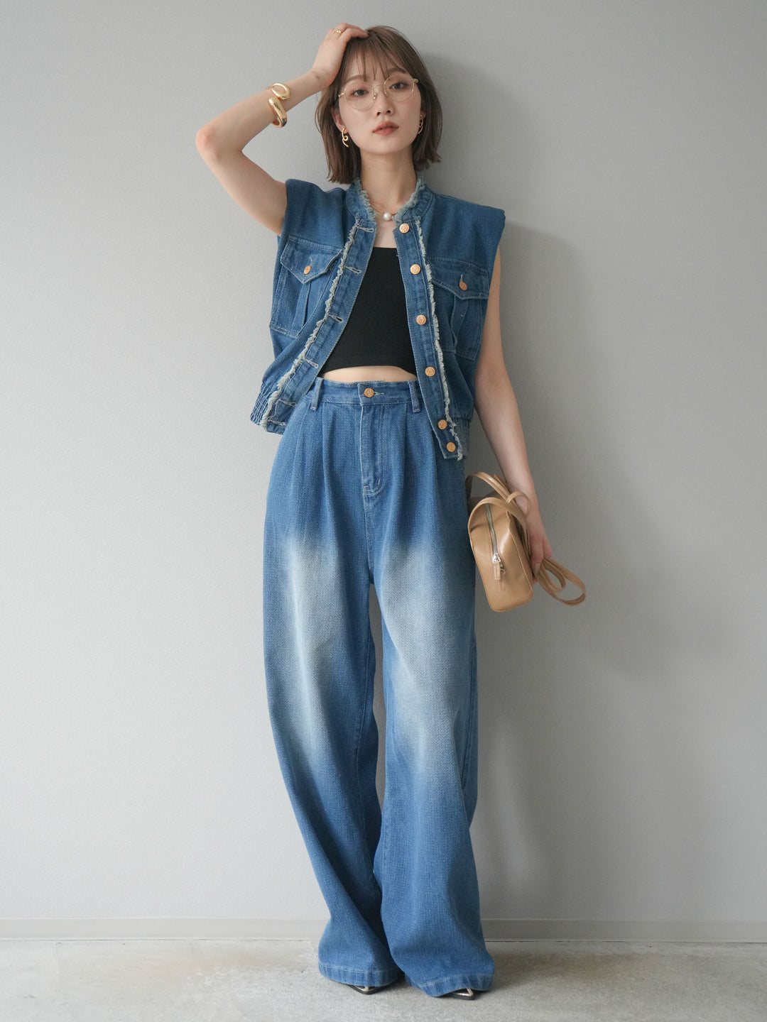 [SET] 流蘇牛仔背心＆褲子套裝/藍色（2件套）