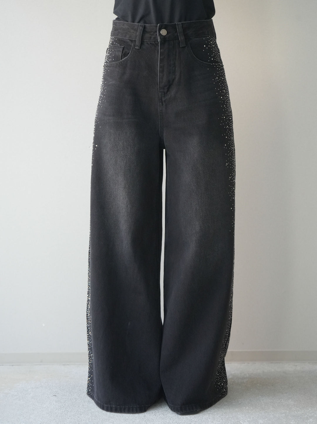 [予約]サイドビジューワイドデニムパンツ/black