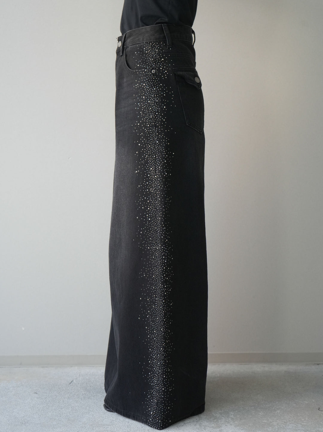 [予約]サイドビジューワイドデニムパンツ/black