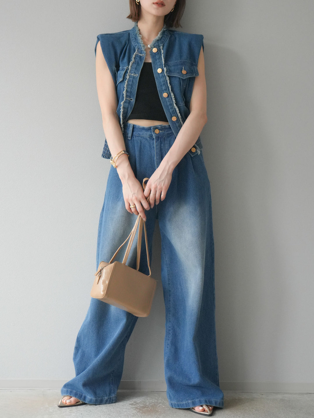 [SET] 流蘇牛仔背心＆褲子套裝/藍色（2件套）