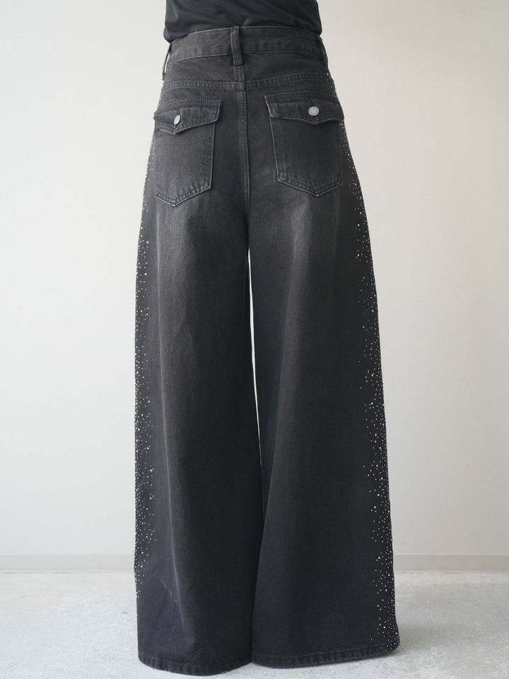 [予約]サイドビジューワイドデニムパンツ/black