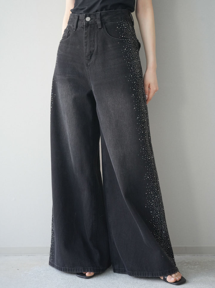 [予約]サイドビジューワイドデニムパンツ/black