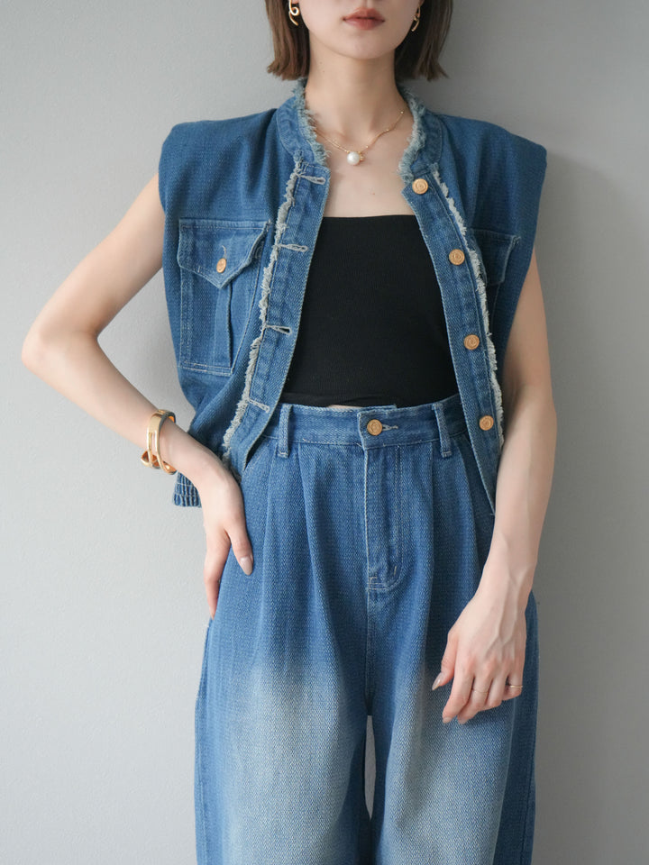 [SET] 流蘇牛仔背心＆褲子套裝/藍色（2件套）
