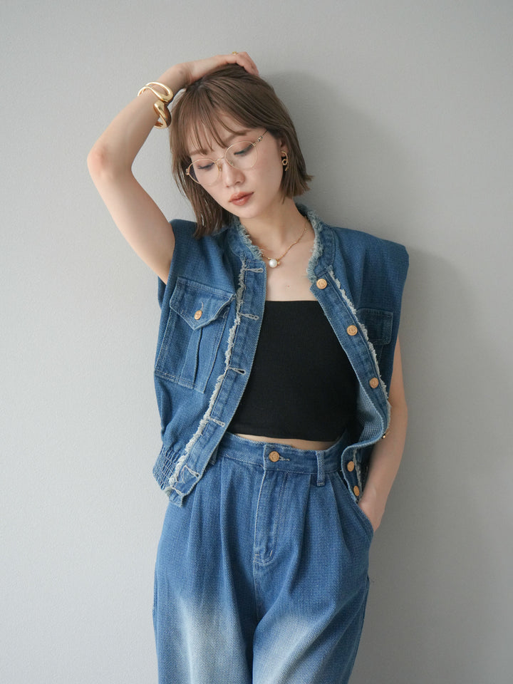 [SET] 流蘇牛仔背心＆褲子套裝/藍色（2件套）