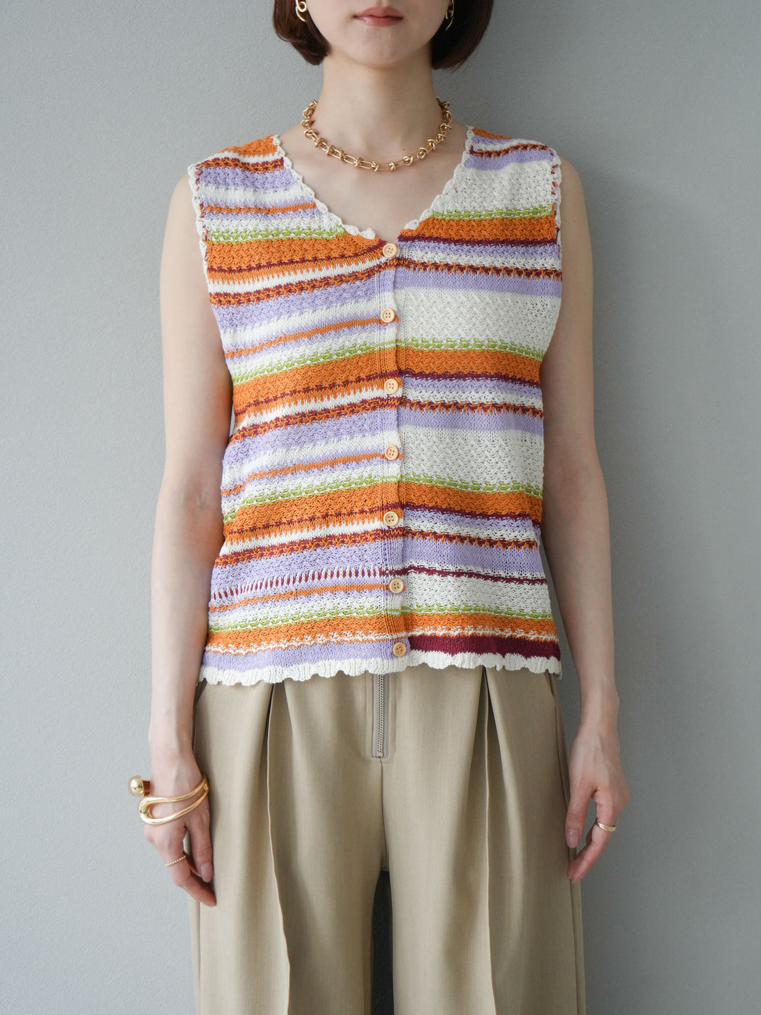 [予約]マルチボーダーニットベスト/オレンジ