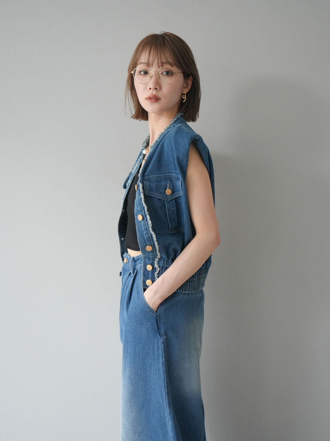 [SET] 流蘇牛仔背心＆褲子套裝/藍色（2件套）