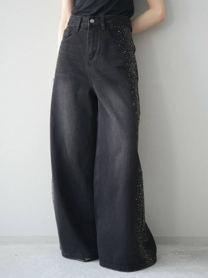 [予約]サイドビジューワイドデニムパンツ/black