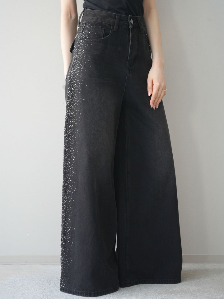 [予約]サイドビジューワイドデニムパンツ/black