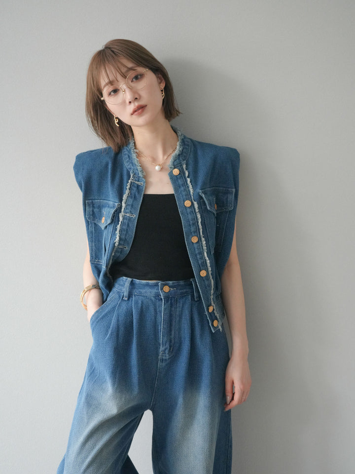 [SET] 流蘇牛仔背心＆褲子套裝/藍色（2件套）