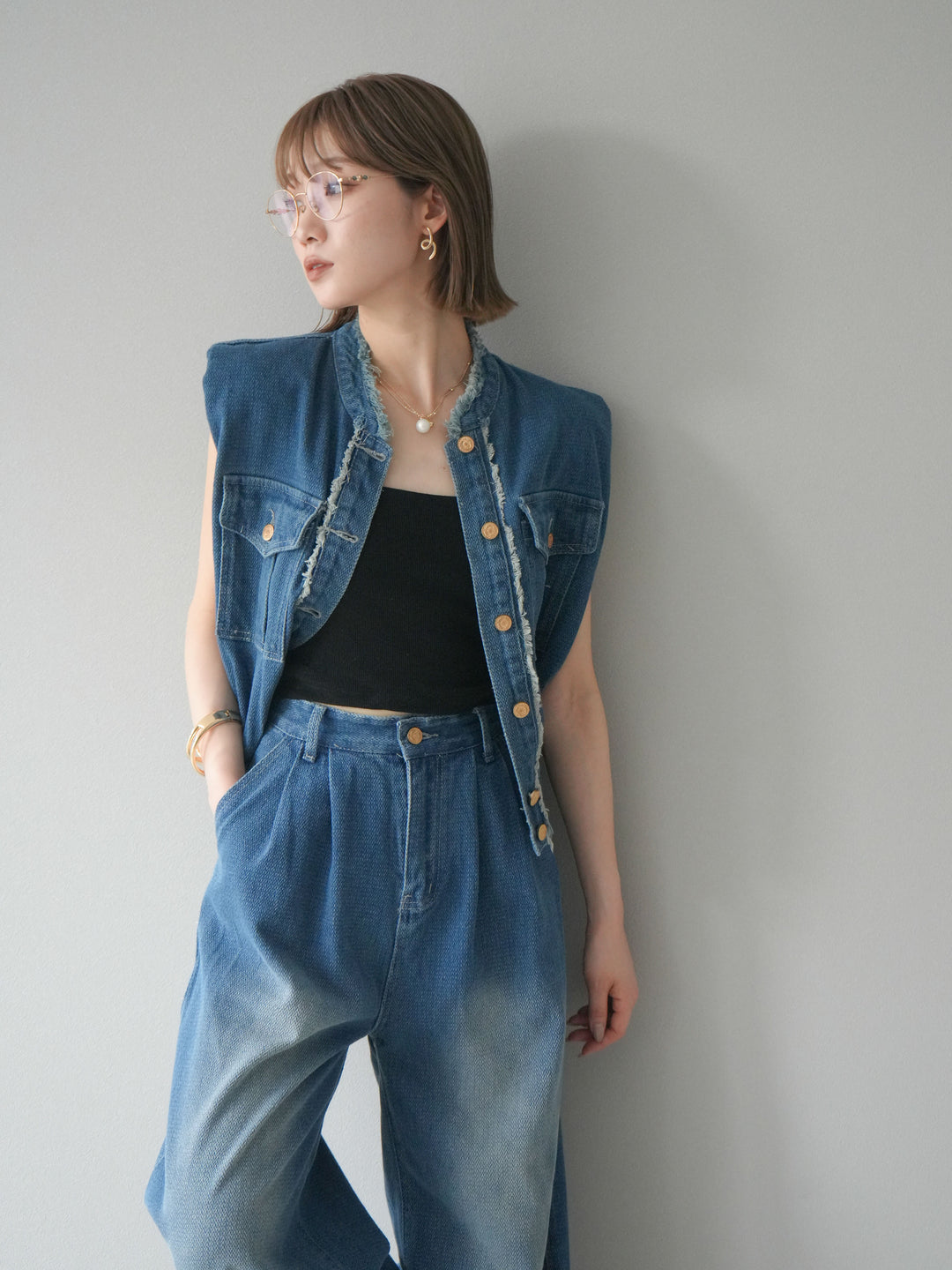 [SET] 流蘇牛仔背心＆褲子套裝/藍色（2件套）