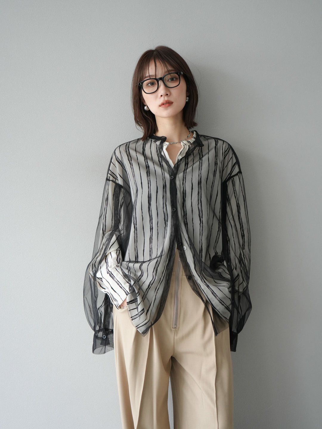 [予約]ペンタッチストライプ2WAYスリーブバンドカラーシャツ/アイボリー