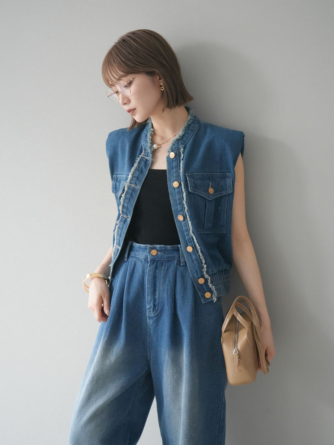 [SET] 流蘇牛仔背心＆褲子套裝/藍色（2件套）
