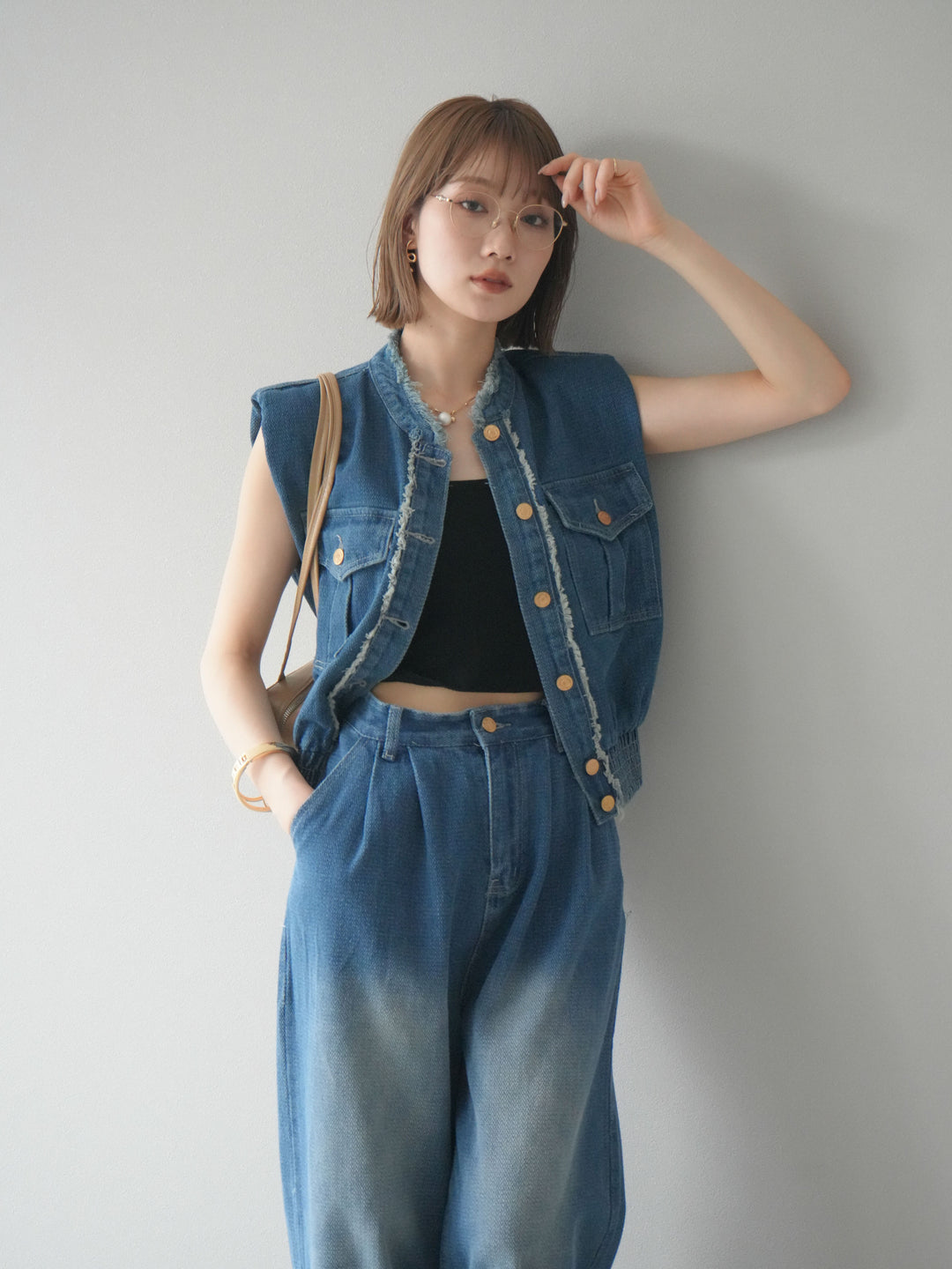 [SET] 流蘇牛仔背心＆褲子套裝/藍色（2件套）