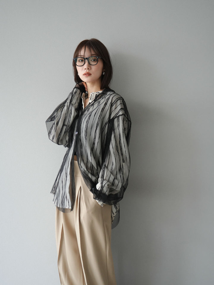 [予約]ペンタッチストライプ2WAYスリーブバンドカラーシャツ/アイボリー