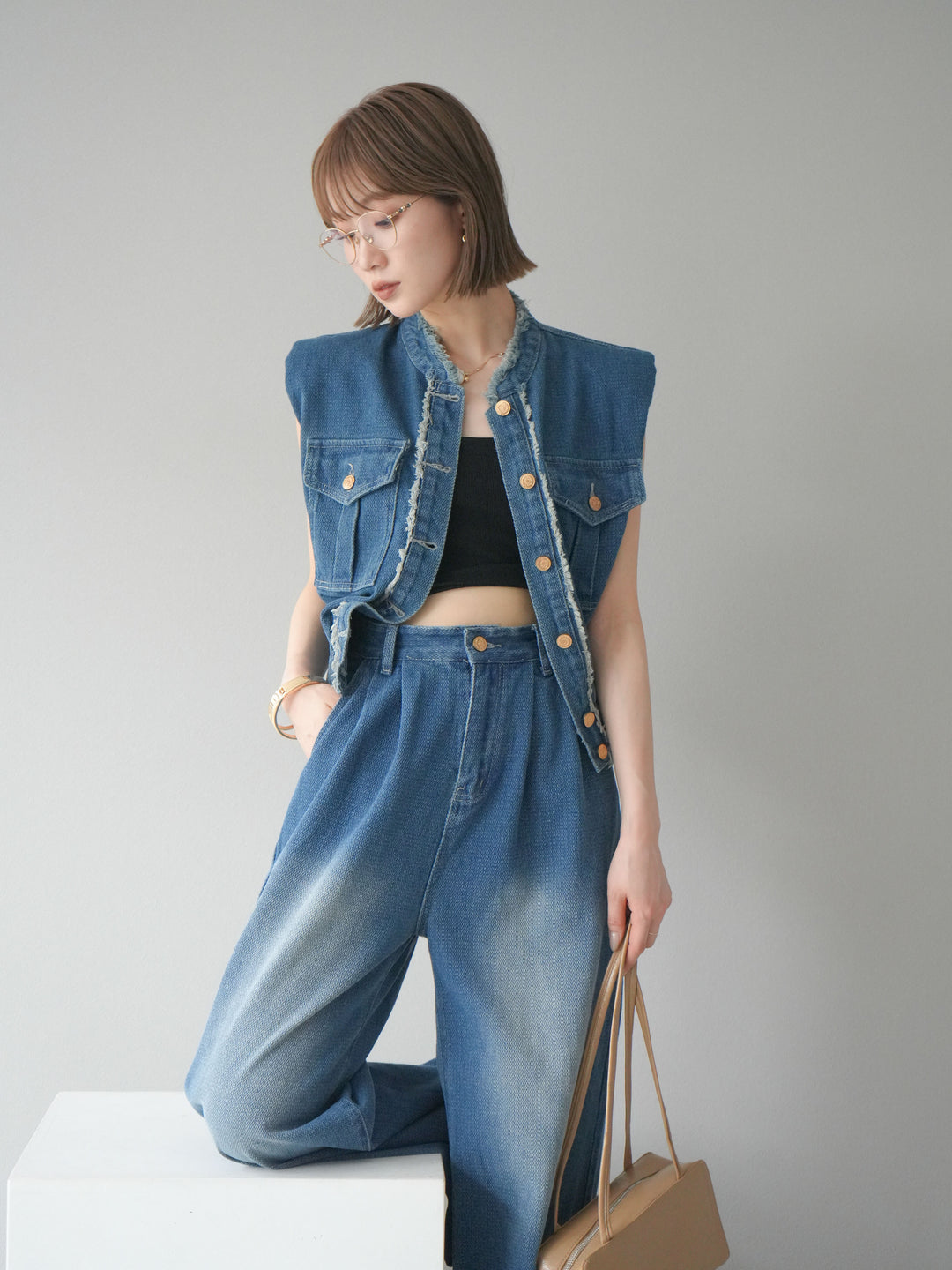 [SET] 流蘇牛仔背心＆褲子套裝/藍色（2件套）