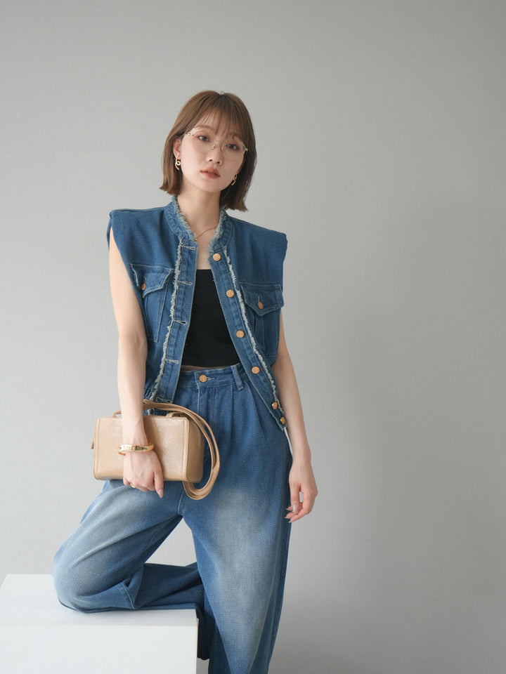 [SET] 流蘇牛仔背心＆褲子套裝/藍色（2件套）