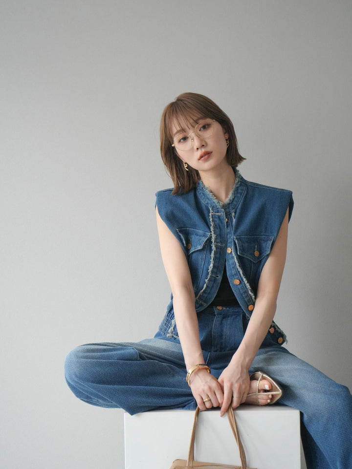 [SET] 流蘇牛仔背心＆褲子套裝/藍色（2件套）