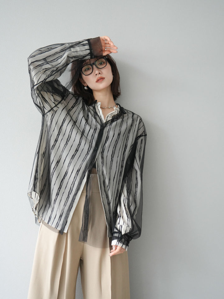 [予約]ペンタッチストライプ2WAYスリーブバンドカラーシャツ/アイボリー