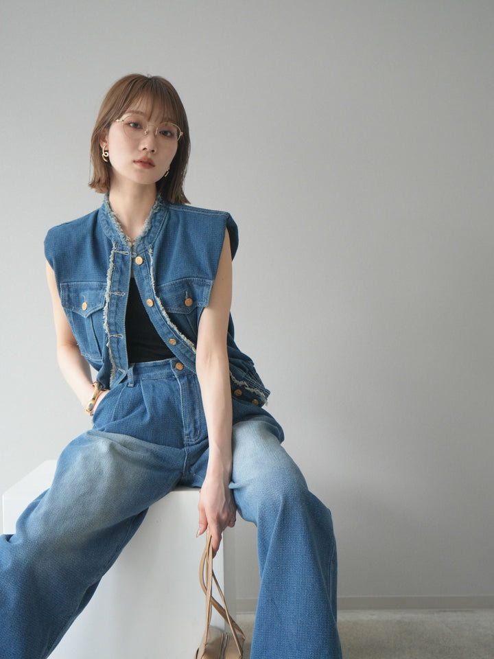 [SET] 流蘇牛仔背心＆褲子套裝/藍色（2件套）